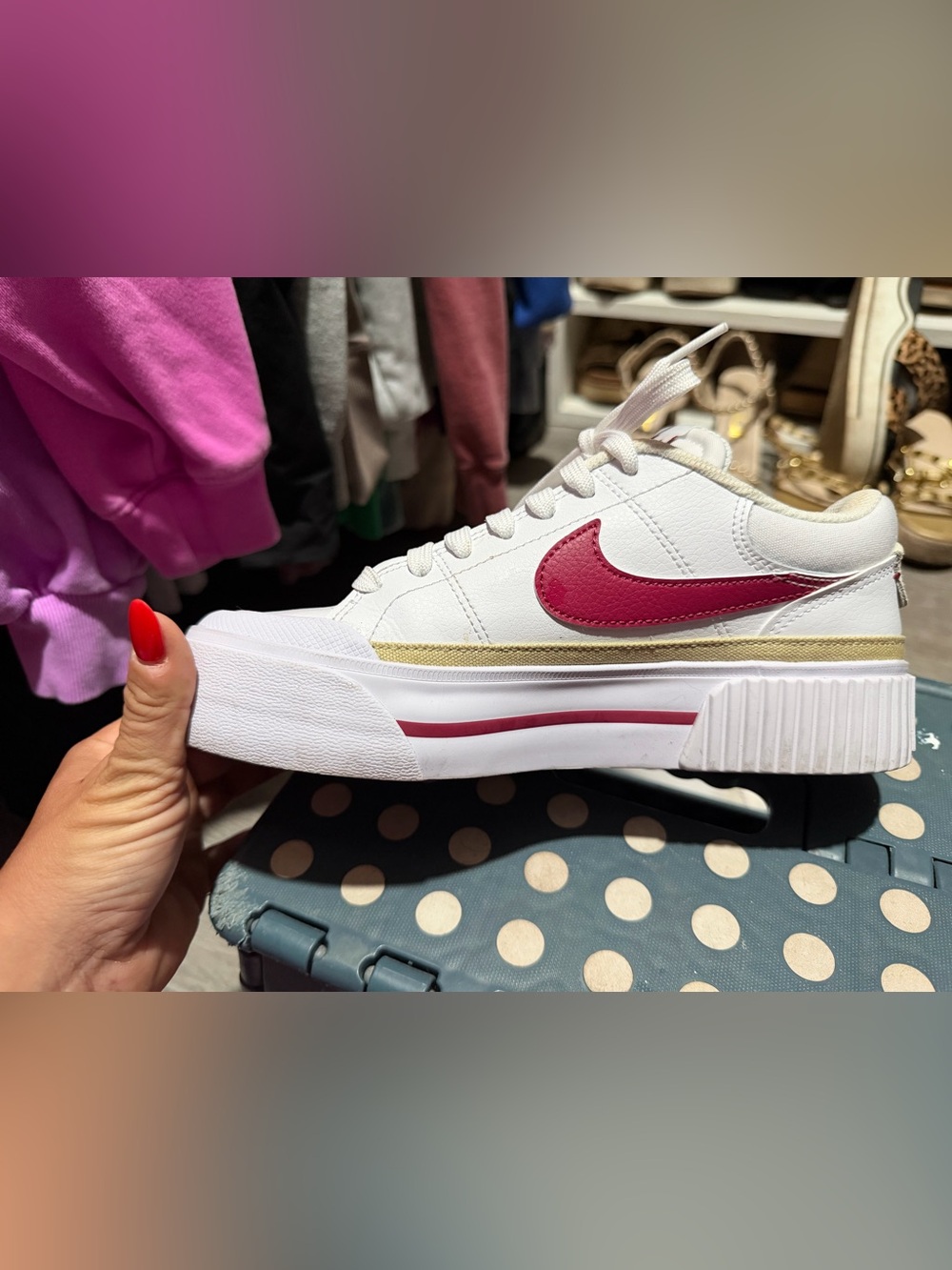 Nike Women's Legacy Lift White Platform Sneaker with Red and Gold Swoosh - Picture 1 of 3